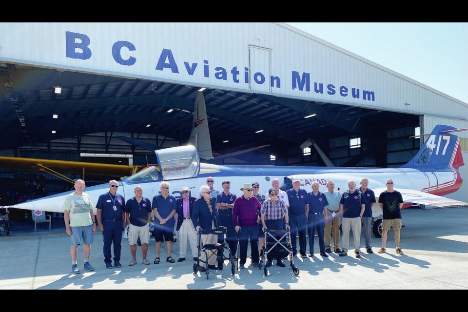 Eighteen pilots who flew the CF-104 Starfighter supersonic jet from 1962 to 1987, including Kenneth Lett, front right, gathered at the B.C. Aviation Museum last summer to welcome the fighter plane to the museum. TIMES COLONIST 