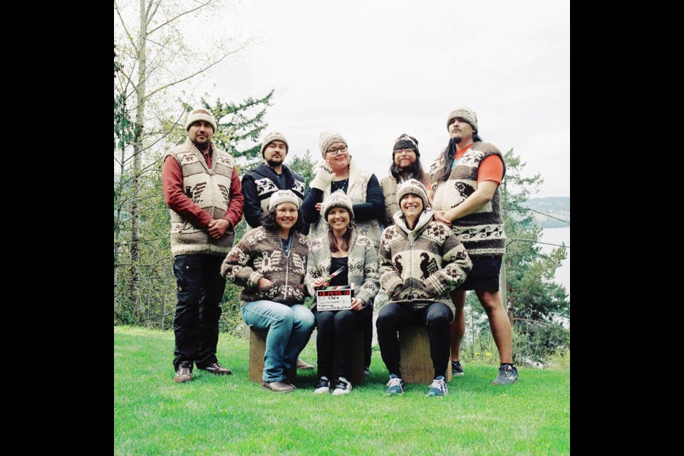 The crew of The Cowichan Sweater: Our Knitted Legacy:  Top, from left, director of ­photography Mike Bourquin, sound recordist Ramsay ­Bourquin, B camera operator Rose ­Stiffarm, stills photographer Gabriel ­Underwood, digital imaging tech and assistant editor Dustin Mcgladrey. Bottom, from left, ­producer Tiffany Joseph, ­director Mary Galloway and executive ­producer Rosie-Johnnie Mills. COURTESY GABRIEL UNDERWOOD 