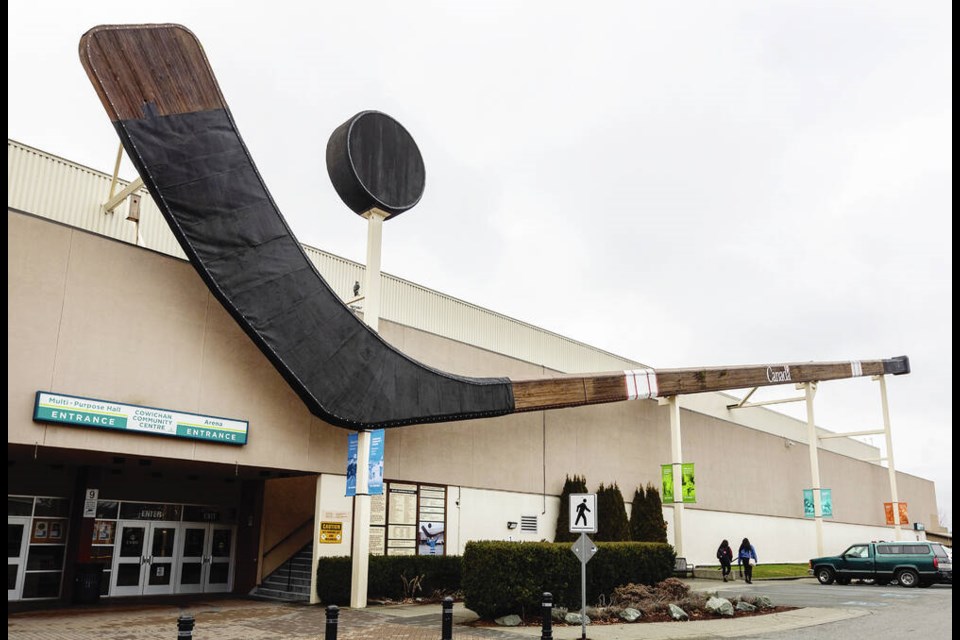 The world’s largest hockey stick has been hanging on the Cowichan Community Centre in Duncan for 35 years. DARREN STONE, TIMES COLONIST 