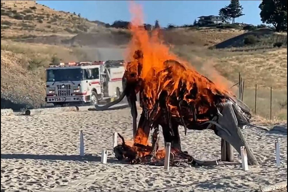 The Colwood Fire Department was called after the driftwood mammoth statue at Royal Bay Beach was set on fire on Monday. GREGG CARMICHAEL 