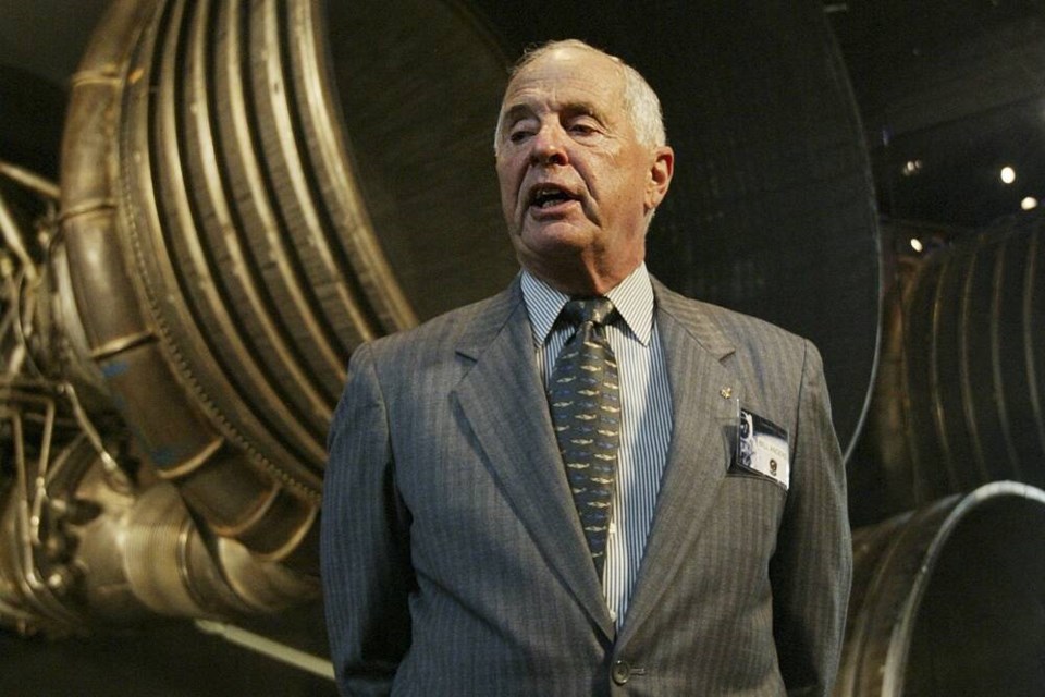 FILE - Apollo 8 Lunar Module Pilot Gen. William Anders, speaks to reporters in front of the Saturn 5 Aft End, the F-1 rocket engines of the first stage of the Apollo 11/Saturn 5 launch vehicle ,July 20, 2004, in Washington. The National Transportation Safety Board has released its preliminary investigation into the fatal plane crash of the former astronaut. (AP Photo/Manuel Balce Ceneta, File) 