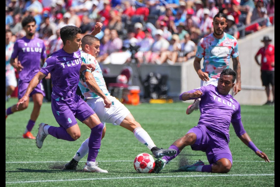 Atlético Ottawa vs 91ԭ FC. Left to Right: 1) Pierre Lamothe, Manuel Aparicio, Juan Quintana, Ruben Del Campo July 7, 2024 PHOTO: Matt Zambonin/Freestyle Photography 