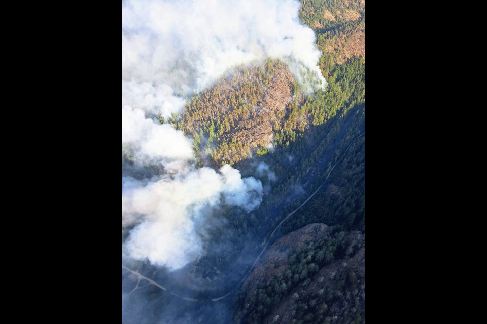 An aerial view of the out-of-control wildfire at Sooke Potholes Regional Park as seen on Monday. 
VIA СƵ WILDFIRE SERVICE 