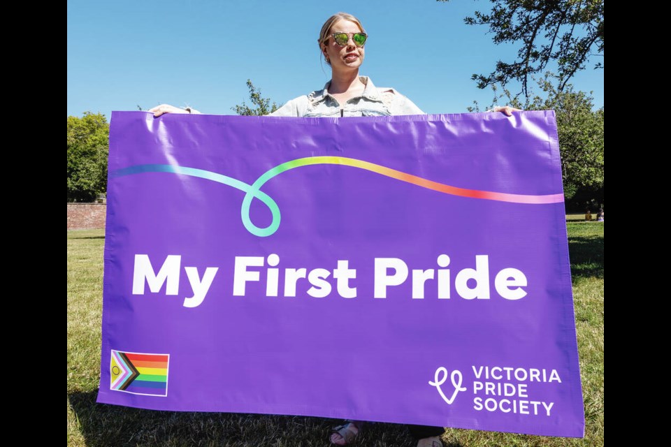 Ace Mann, president of the Victoria Pride Society, shows off the group’s new “My First Pride” banner, which will be used for the first time in Sunday’s Pride parade. DARREN STONE, TIMES COLONIST 