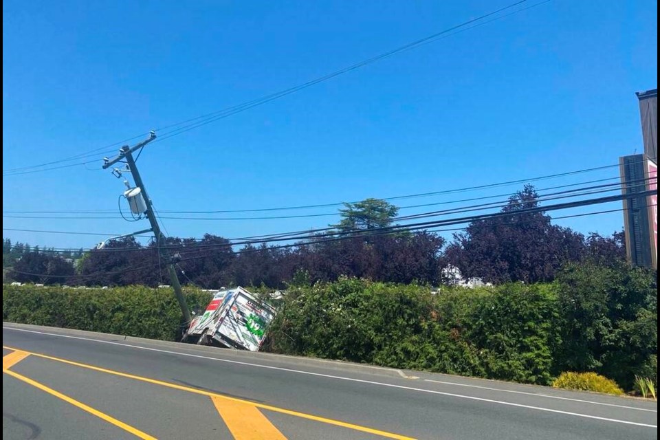 A rental truck damaged a power pole at Island Highway and Burnett Road in View Royal on Tuesday, Aug. 6, 2024. WEST SHORE RCMP 