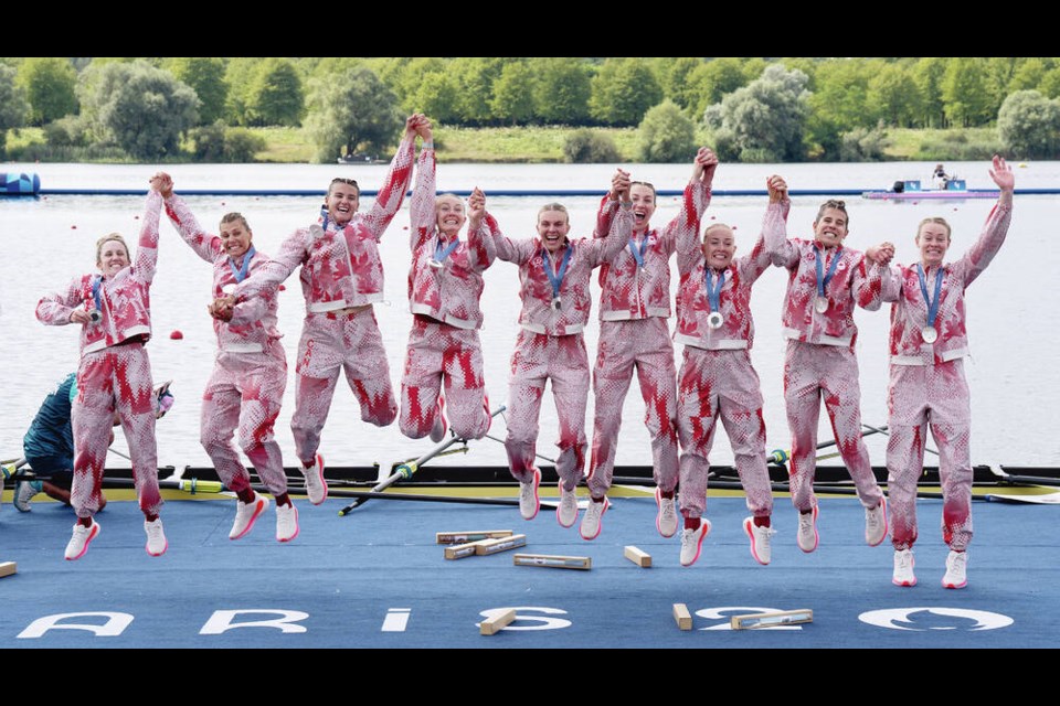 Canada’s women’s eights rowing crew celebrate on Saturday after winning the silver medal at the Summer Olympics in Vaires-sur-Marne, France. Adrian Wyld, THE CANADIAN PRESS 