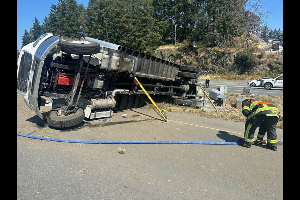 A truck carrying sound and video equipment rolled several times on the Trans-Canada Highway just before noon on Thursday, Aug. 8, 2024. VIA VIEW ROYAL FIRE 