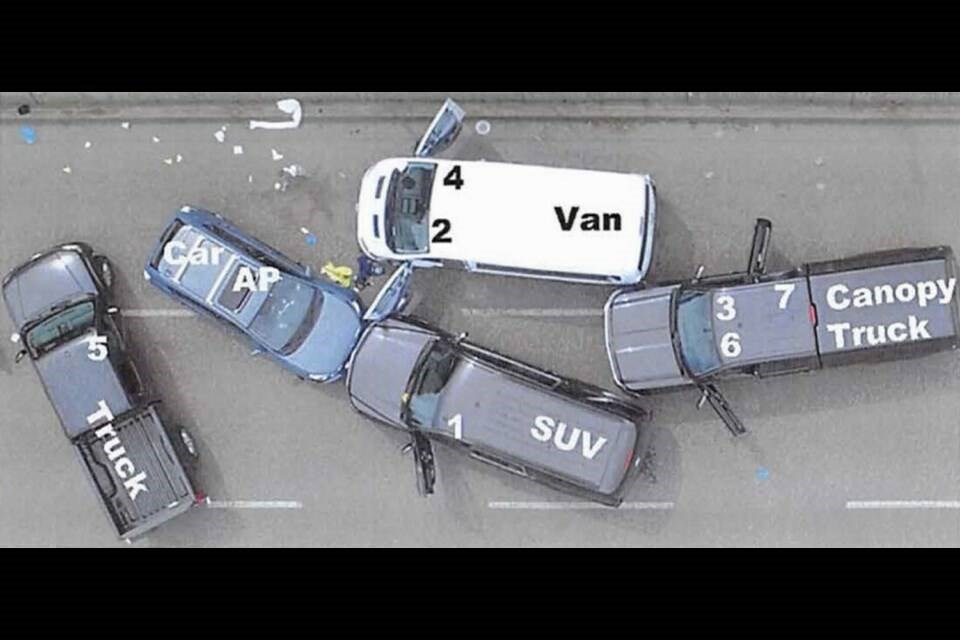 An aerial view of the final positions of Wood's car (marked AP) and four police vehicles at Departure Bay ferry terminal in Nanaimo after a fatal shooting. The numbers represent the seven police officers who were involved in the arrest attempt on May 8, 2018. VIA INDEPENDENT INVESTIGATIONS OFFICE OF saʴý