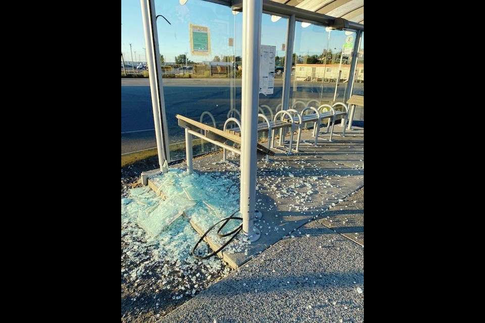 A bus shelter damaged in a vandalism spree in Nanaimo. The leading theory is that whoever is responsible used a vehicle to go from the downtown bus exchange toward the Rutherford Road intersection with the Island Highway, with slight detours along the way to destroy nearby bus shelters, police said. VIA NANAIMO RCMP 