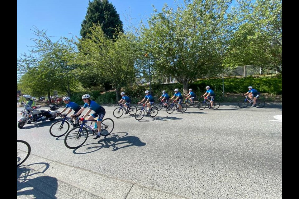 Tour de Rock Riders cruise into Tim Hortons in Ladysmith, where staff presented a cheque from their fundraising efforts during a training ride on Saturday, Aug. 17, 2024. VIA TOUR DE ROCK 