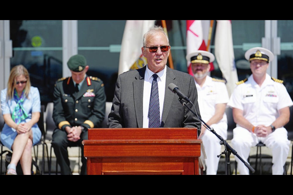 Minister of National Defence Bill Blair announces plans Wednesday for a new $165-million, 480-room residential facility for junior non-commissioned officers in front of CFB Esquimalt’s Nelles Block, which will be torn down to make way for the new housing. ADRIAN LAM, TIMES COLONIST 