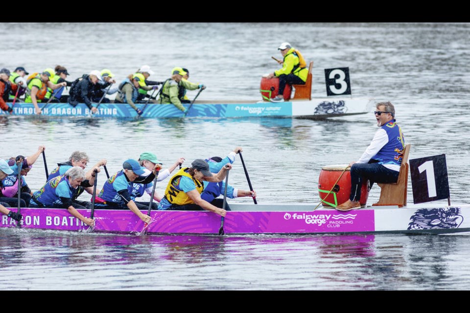 FGPC Gorge Us Gals, front, and NB Tiderunners race during a women’s 500m heat at the 2024 Vancouver Island Dragon Boat Festival at the Fairway Gorge Paddling Club in Victoria on Saturday, Aug. 24, 2024. DARREN STONE, TIMES COLONIST 