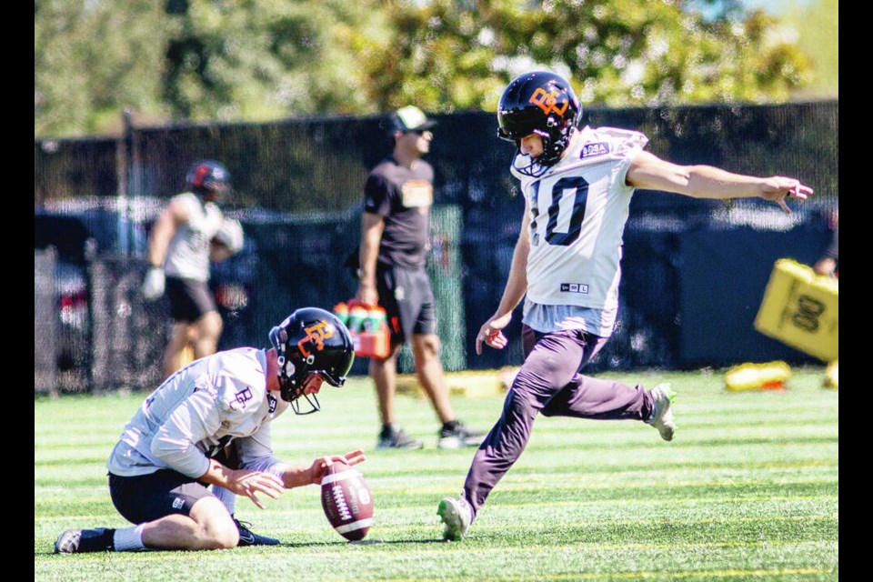 Lions kicker Sean Whyte gets some practice in at Langford’s Starlight Stadium as he prepares for today’s Touchdown Pacific game at Royal Athletic Park. DARREN STONE, TIMES COLONIST 