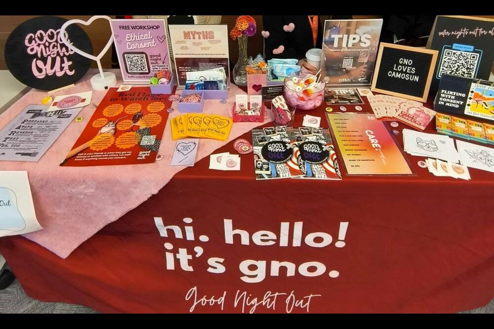 A display of resources about consent and safer partying by Good Night Out during Consent Week at Camosun College. VIA GOOD NIGHT OUT