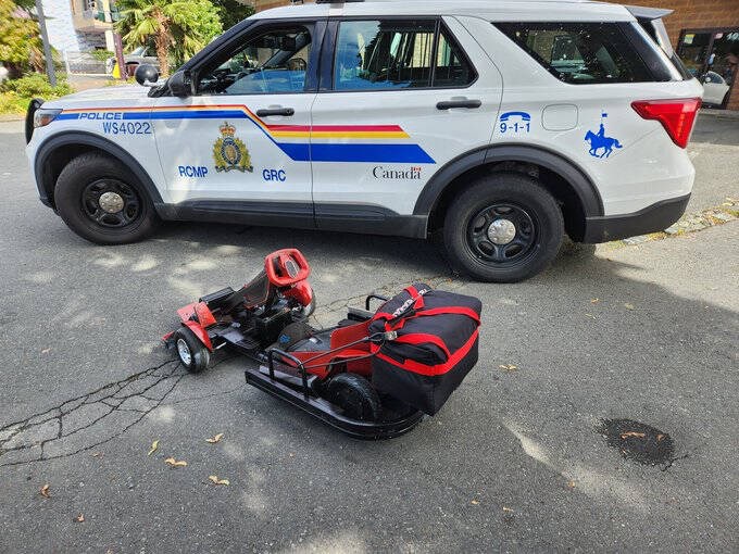 West Shore RCMP officers pulled over the adult driver on a go-kart that was being driven on Peatt Road in Langford on Monday, Sept. 23, 2024. WEST SHORE RCMP 