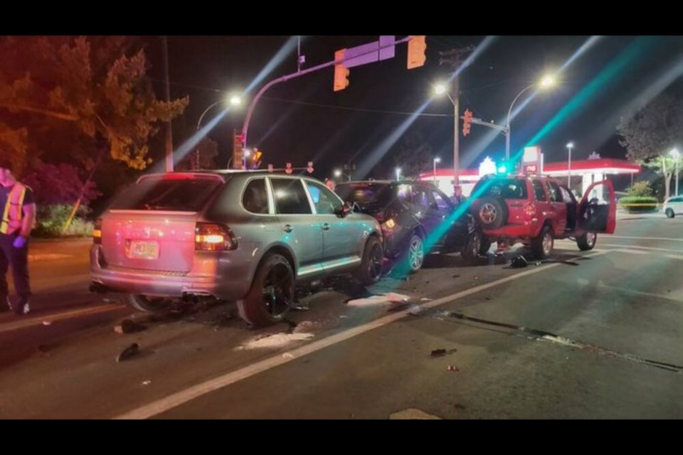 Aftermath of a multi-vehicle collision at the intersection of Quadra, Cook and Cloverdale streets in Saanich on Tuesday. VIA SARAH CAMPDEN 