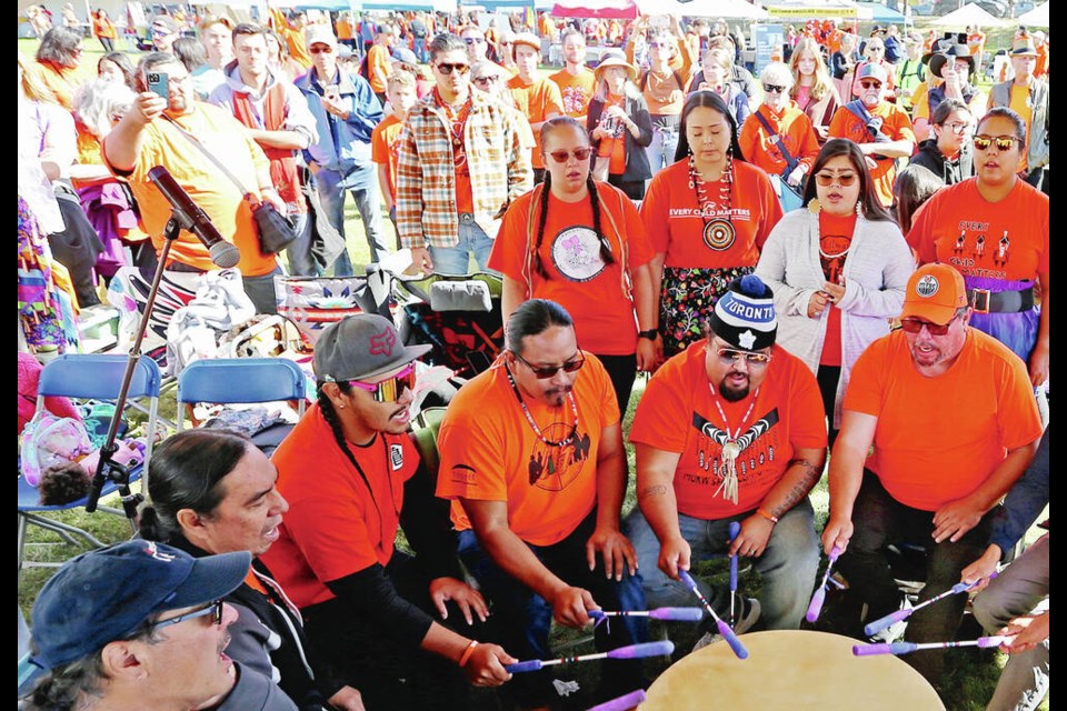 Drummers at the 2023 South Island Powwow at Royal Athletic Park. This year’s event is set for Sept. 30, the National Day for Truth and Reconciliation. ADRIAN LAM, TIMES COLONIST