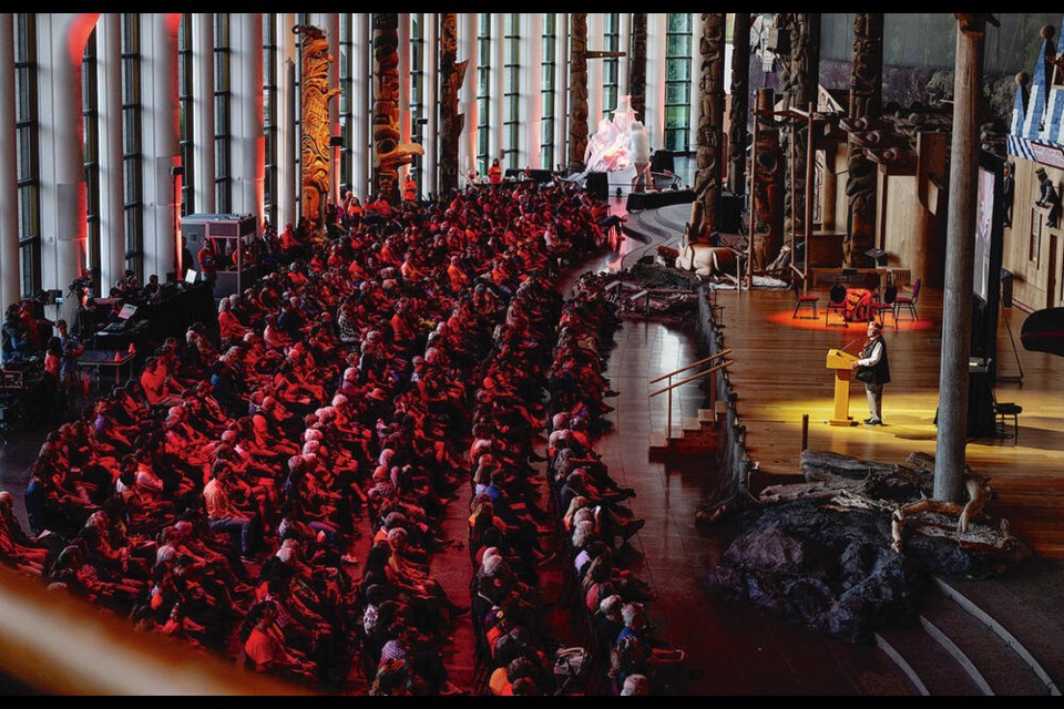 Hereditary chief Robert Joseph of the Gwawaenuk First Nation, a Kwakwaka’wakw nation near Port Hardy, speaks at the inauguration ceremony located in the Grand Hall of the Canadian Museum of History COURTESY CANADIAN MUSEUM OF HISTORY/MARIE-ANDRÉE BLAIS