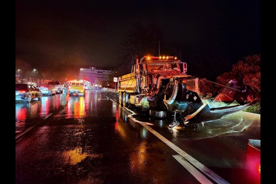 West Shore RCMP officers responded to an incident involving a dump truck on the Trans-Canada Highway near Spencer Close and McCallum Road in Langford on Tuesday morning. WEST SHORE RCMP 