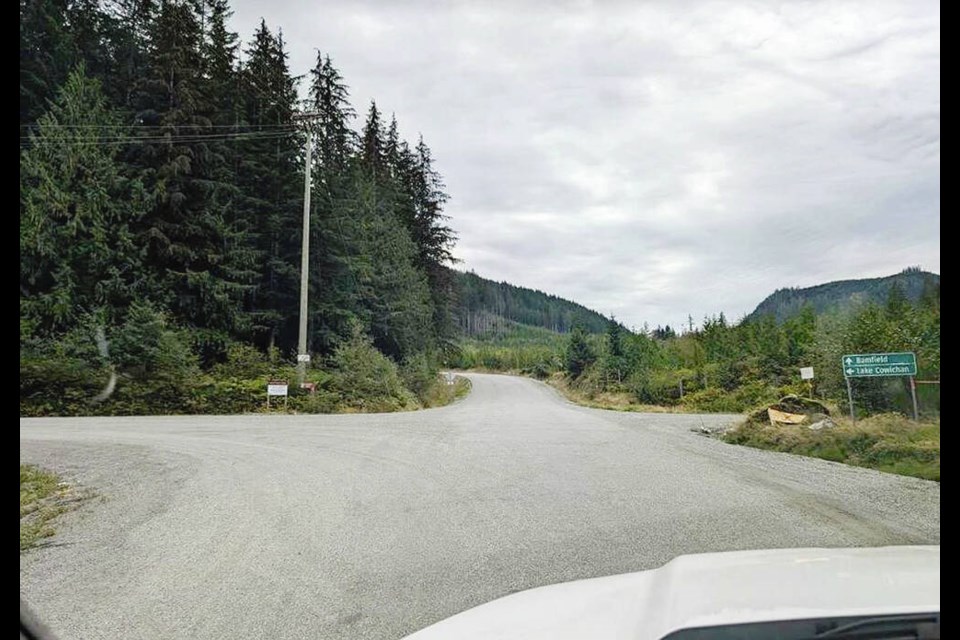 The junction of Carmanah Mainline and Bamfield Main roads. Chief Judi Thomas says family members travelling to Nitinaht Lake to be with relatives missed the left turn at the junction of Carmanah 
Mainline and Bamfield Main Road at Franklin River and found 
themselves in Bamfield instead of Nitinaht.	
VIA DITIDAHT FIRST NATION 