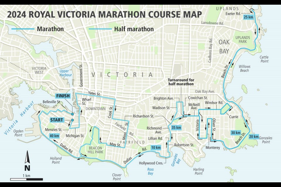 Royal Victoria Marathon 2024 course map. 