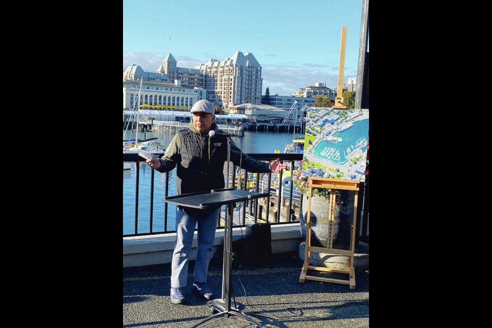 Songhees Chief Ron Sam at an event on the Inner Harbour on Thursday where 
more details were unveiled about the joint proposal between the Songhees and Esquimalt First Nations and the Maritime Museum of B.C. TIMES COLONIST 