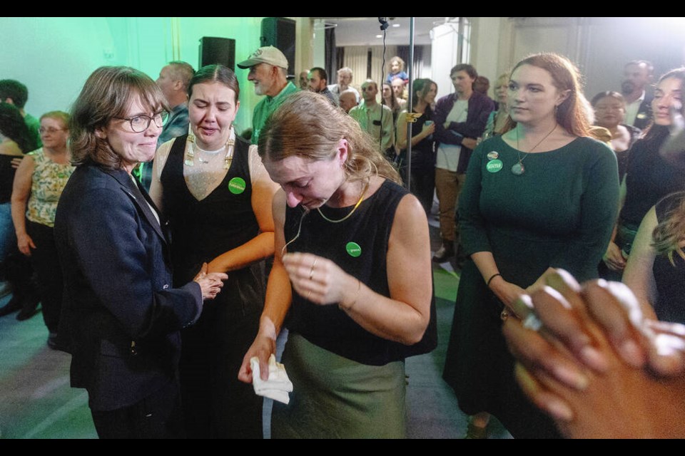 BC Green Leader Sonia Furstenau with supporters at the Delta Hotels Victoria Ocean Pointe Resort after she lost her race for the Victoria-Beacon Hill riding. DARREN STONE, TIMES COLONIST 