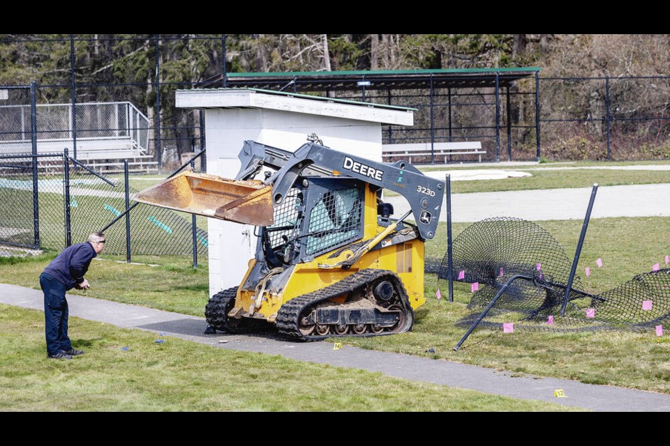 A tracked skid-steer loader involved in a police chase and shooting in Evans Park in Duncan in March 2023. DARREN STONE, TIMES COLONIST 