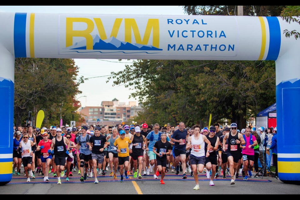 Runners start the Royal Victoria Marathon on Menzies Street in front of the legislature in Victoria on Sunday, Oct. 13, 2024. DARREN STONE, TIMES COLONIST 