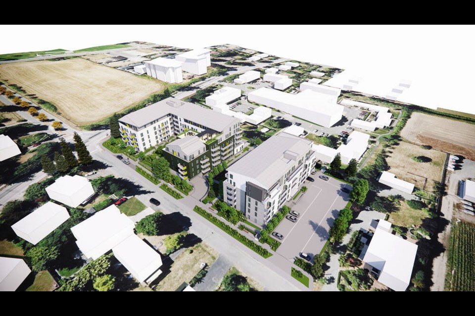 A rendering of a proposed development at Hovey and East Saanich roads that would include 130 rental units  13 of which would be rented at below-market rates  and 62 homes for seniors. Saanich Peninsula Hospital workers and members of Tsawout Nation could get priority access to the units. DIALOG DESIGN AND ARYZE DEVELOPMENTS 