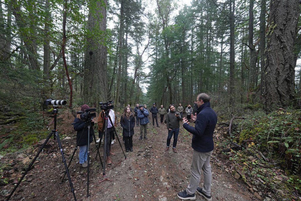 Dr. Andy Day, CEO of the BC Parks Foundation, announces the permanent protection of rare old growth forest next to ȽÁU,WELNEW - John Dean Park. ADRIAN LAM, TIMES COLONIST 