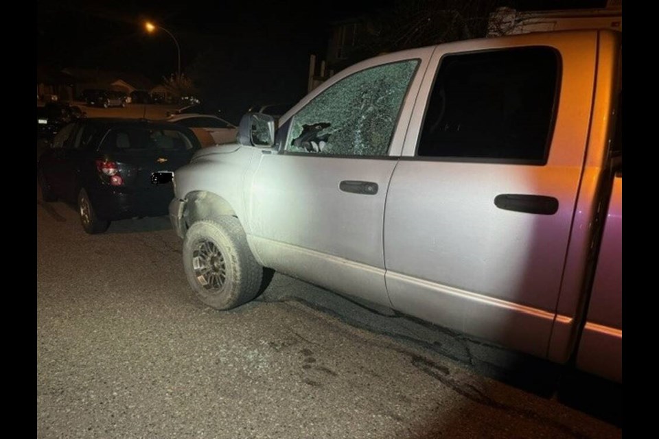 A smashed window on one of the vehicles targeted in an overnight rampage in Nanaimo. VIA NANAIMO RCMP 