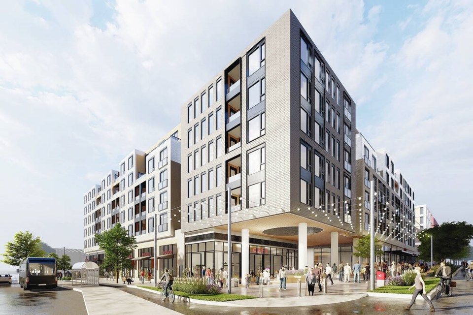 A rendering of a development proposed for 1555 McKenzie Ave. in Saanich. The project is expected to include a six-storey building with 384 rental units and 19,000 square feet of ground-floor ­commercial space. VIA NICOLA WEALTH 