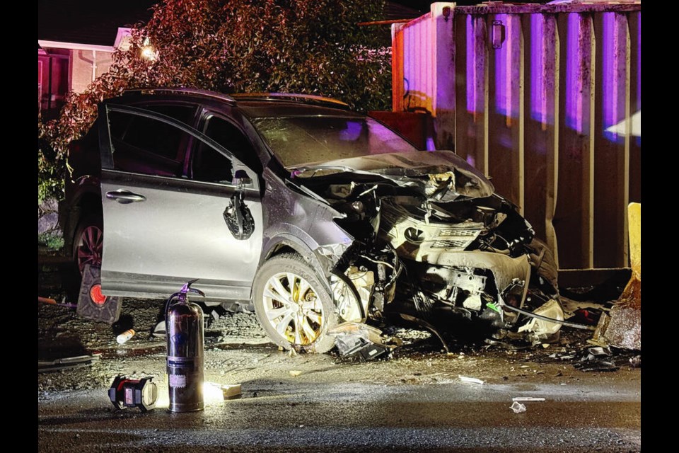 The front end of the SUV was crumpled up to the windshield after hitting a backhoe. The SUV’s driver died in the collision. VIA STEPHEN BEUGELING 